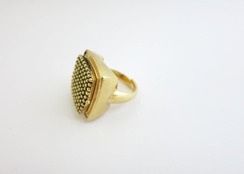 Dramatic, beaded texture, square, gold-plated brass locket ring