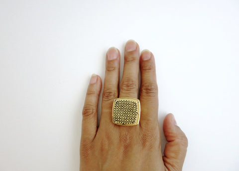 Dramatic, beaded texture, square, gold-plated brass locket ring - Lai