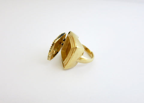 Dramatic, beaded texture, square, gold-plated brass locket ring - Lai