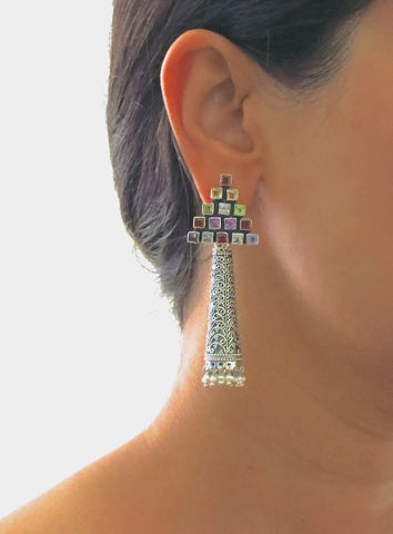 Dramatic, detachable long tubular jhumkas with triangular multicolor gemstone tops - Lai