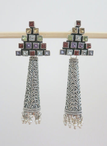 Dramatic, detachable long tubular jhumkas with triangular multicolor gemstone tops - Lai