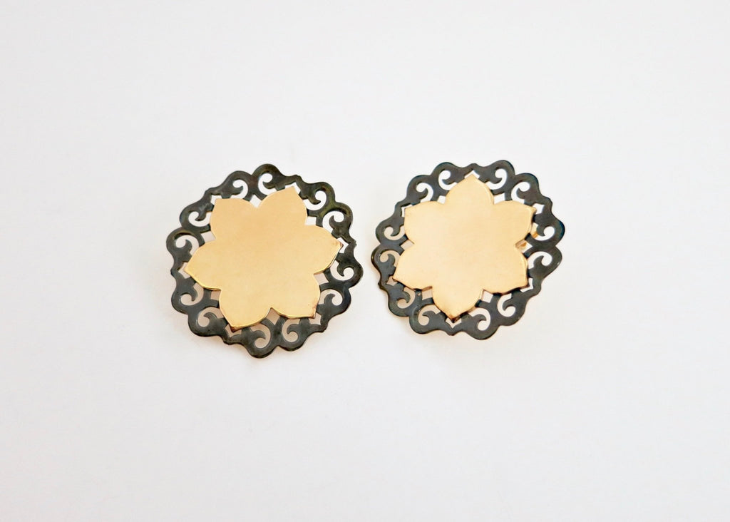 Dramatic, gold-plated, two-tone lotus studs - Lai