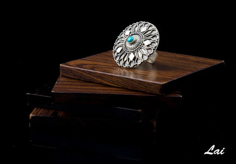 Dramatic Kashmiri big round turquoise studded statement ring (PB-1489-R)