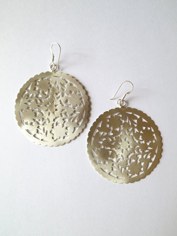 Dramatic, Marrakesh inspired, big round floral pattern cut-out earrings in satin finish