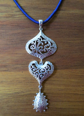 Elegant, 3-tier, long Kutch-inspired hammer finish pendant with jali work - Lai