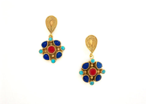 Elegant and artistic, turquoise, lapis and coral dainty dangle earrings - Lai