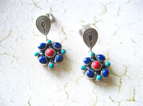 Elegant and artistic, turquoise, lapis and coral dainty dangle earrings - Lai