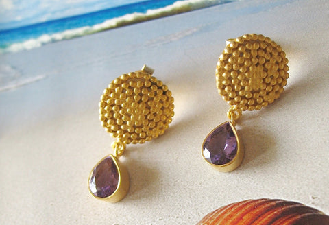Elegant and uber chic, Grecian, granulation work earrings with amethyst drop - Lai