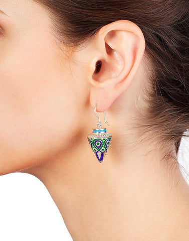 Elegant, blue and green enamel Himachali conical drop earrings - Lai