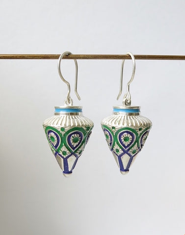 Elegant, blue and green enamel Himachali conical drop earrings - Lai