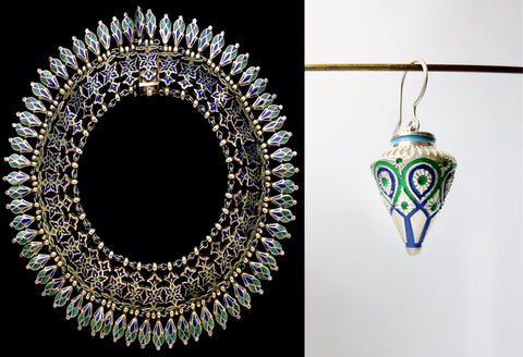 Elegant, blue and green enamel Himachali conical drop earrings