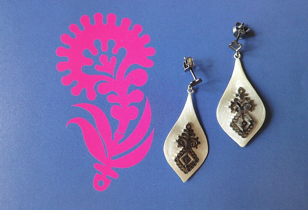 Elegant, dangle drop, satin finish earrings with black rhodium plated detailing - Lai