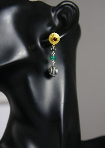 Elegant, Grecian, dual-tone long dangling earrings with garnet and chrysoprase - Lai