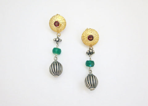 Elegant, Grecian, dual-tone long dangling earrings with garnet and chrysoprase
