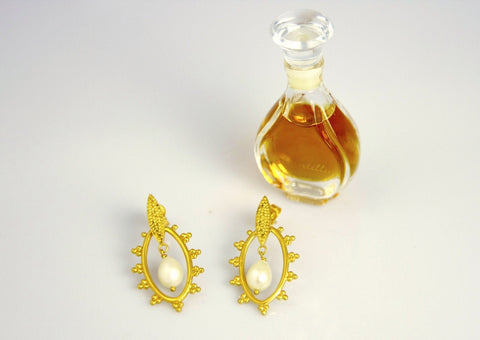 Elegant, Grecian, gold-plated earrings with granulation work and a center pearl drop - Lai