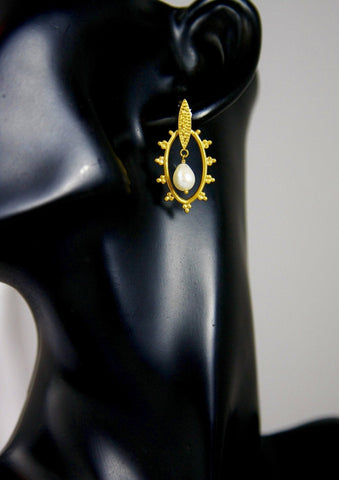 Elegant, Grecian, gold-plated earrings with granulation work and a center pearl drop - Lai