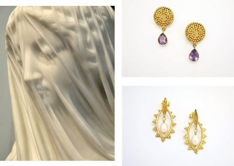 Elegant, Grecian, gold-plated earrings with granulation work and pearl drop - Lai