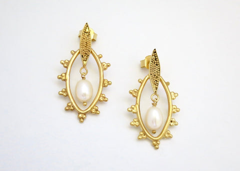 Elegant, Grecian, gold-plated earrings with granulation work and pearl drop