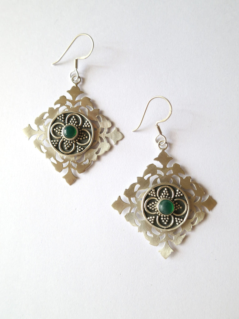 Elegant, kite shape cut-work earrings in satin finish with chrysoprase and oxidized granulation detailing - Lai
