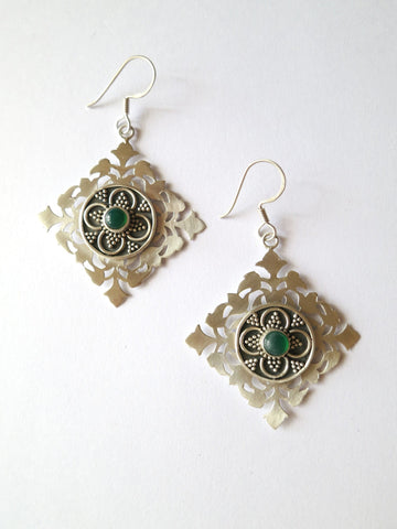 Elegant, kite shape cut-work earrings in satin finish with chrysoprase and oxidized granulation detailing