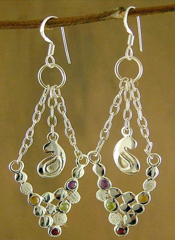Elegant, paisley motif, gemstones studded, dangling chain earrings
