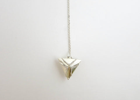 Elegant, vintage-inspired, sterling silver lariat necklace with a triangular granulation-work locket - Lai