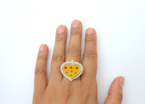 Ethereal, glass-top enamel work heart shape ring - Lai