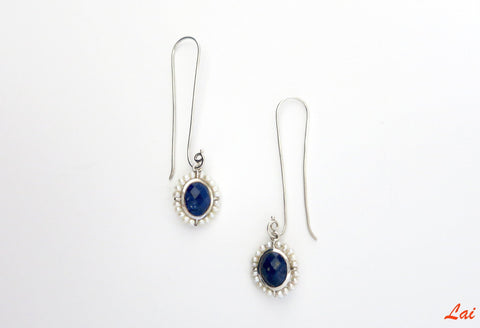 Ethereal, long hook lapis and pearl earrings - Lai