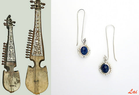 Ethereal, long hook lapis and pearl earrings