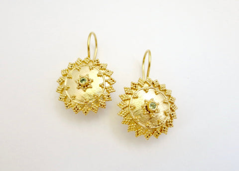 Exquisite, brush-finish, granulation work, round earrings with Peridot center
