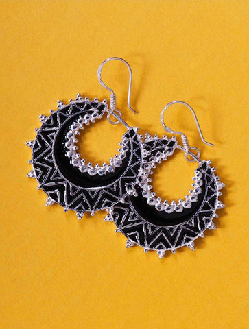 Exquisite, crescent shape, dangle earrings with fine black enamel work - Lai