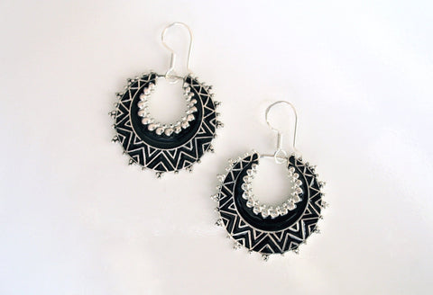 Exquisite, crescent shape, dangle earrings with fine black enamel work - Lai