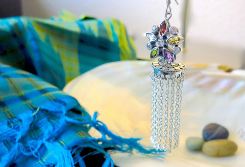 Exquisite, detachable, long tasseled jhumkas with multi-color gemstone tops - Lai