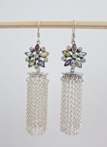 Exquisite detachable long tasseled jhumkas with multi colour gemstone tops.  – Lai