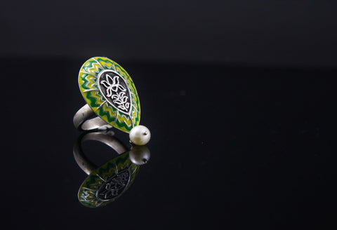 Exquisite, drop-shape, chevron enamel ring with a dangling pearl (available in 2 colorways)