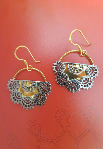 Exquisite, half round, mehndi-inspired, dual-tone gold and black rhodium plated earrings - Lai