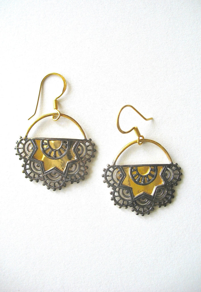 Exquisite, half round, mehndi-inspired, dual-tone gold and black rhodium plated earrings - Lai
