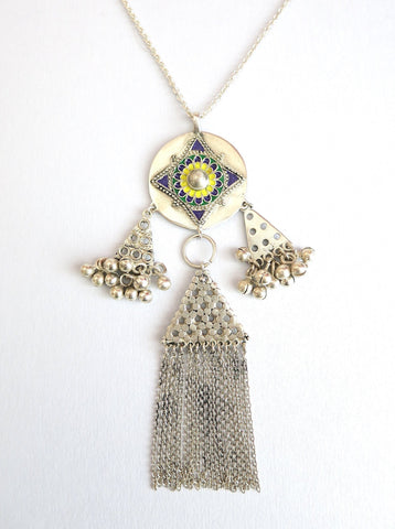 Exquisite, Himachali long pendant necklace with enamel work and fringe - Lai