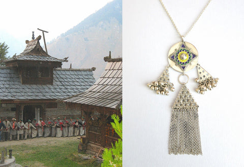 Exquisite, Himachali long pendant necklace with enamel work and fringe
