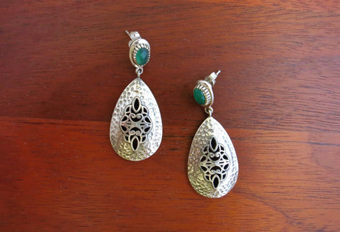 Exquisite, jali work and hammer finish earrings accented with green stone - Lai