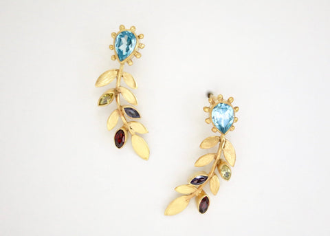 Exquisite, multi-color gemstone leaf earrings in brush finish