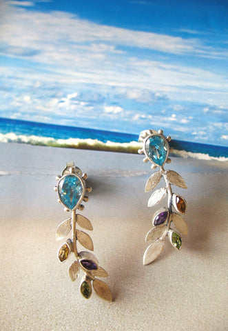 Exquisite, multi-colour gemstone leaf earrings in brush finish - Lai