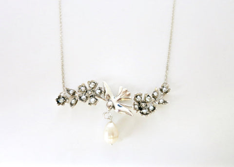 Exquisite, pearl encrusted, Victorian swallow pendant necklace - Lai