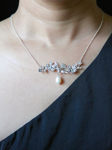 Exquisite, pearl encrusted, Victorian swallow pendant necklace - Lai