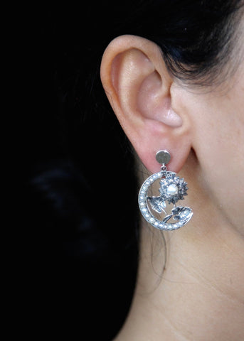 Exquisite, seed pearl, crescent and flower Victorian earrings - Lai