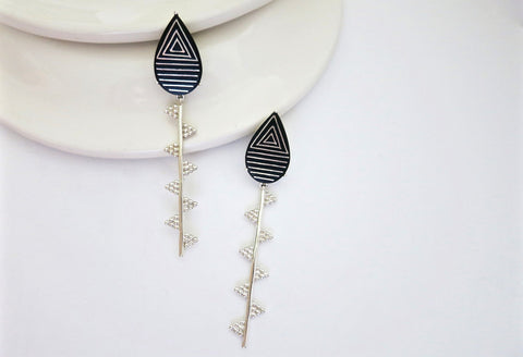 Exquisite, sleek, long Bidri earrings with granulation work