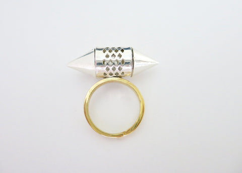 Exquisite, sterling silver, tubular amuletic ring with a gold-plated brass shank - Lai