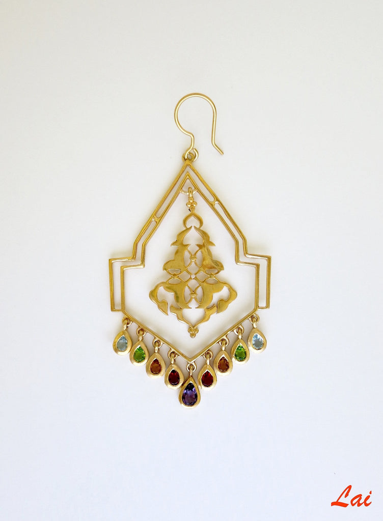 Geometric, gold-plated, chandelier earrings with gemstones - Lai