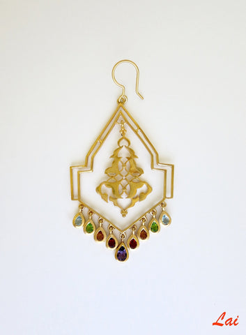 Geometric, gold-plated, chandelier earrings with gemstones