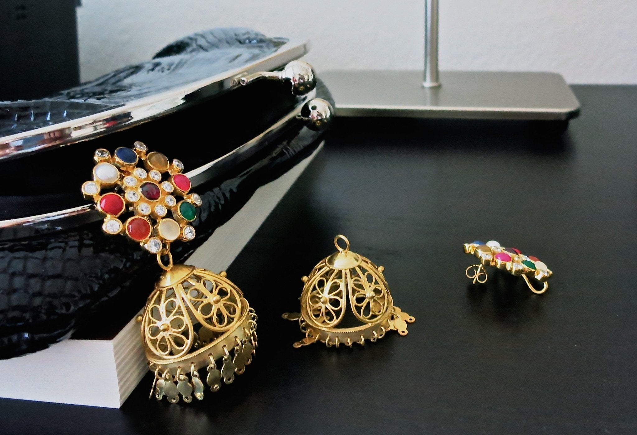 Glamorous gold plated detachable filigree jhumkas with round multi
